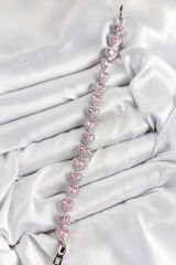 Pirinç Zirkon Taşlı Pembe Kalp Baget Model Gümüş Renk VIP Seri Kadın Bileklik