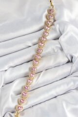 Pirinç Zirkon Taşlı Pembe Kalp Baget Model Gold Renk VIP Seri Kadın Bileklik