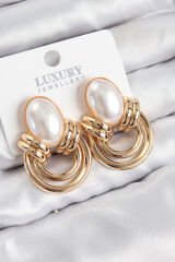 Pirinç İnci Detaylı Vintage Model Gold Renk Kadın Küpe
