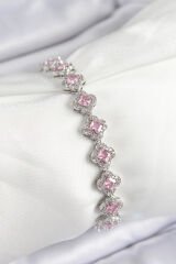 Pirinç Zirkon Taşlı Pembe Yonca Baget Model Gümüş Renk VIP Seri Kadın Bileklik