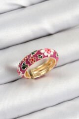 Pirinç Fuşya Mineli Çiçek Motifli Gold Renk Ayarlanabilir Kadın Yüzük