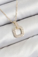 Pirinç Zirkon Taşlı Kare Model Gold Renk Kadın Kolye