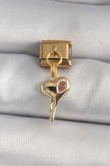 316L Çelik Gold Renk Sallantı Eriyen Kalp Model Pembe Zirkon Taş Detaylı Nomination Charm