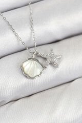 Pirinç Zirkon Taşlı İstiridye Ve Deniz Yıldızı Model Gümüş Renk Kadın Kolye