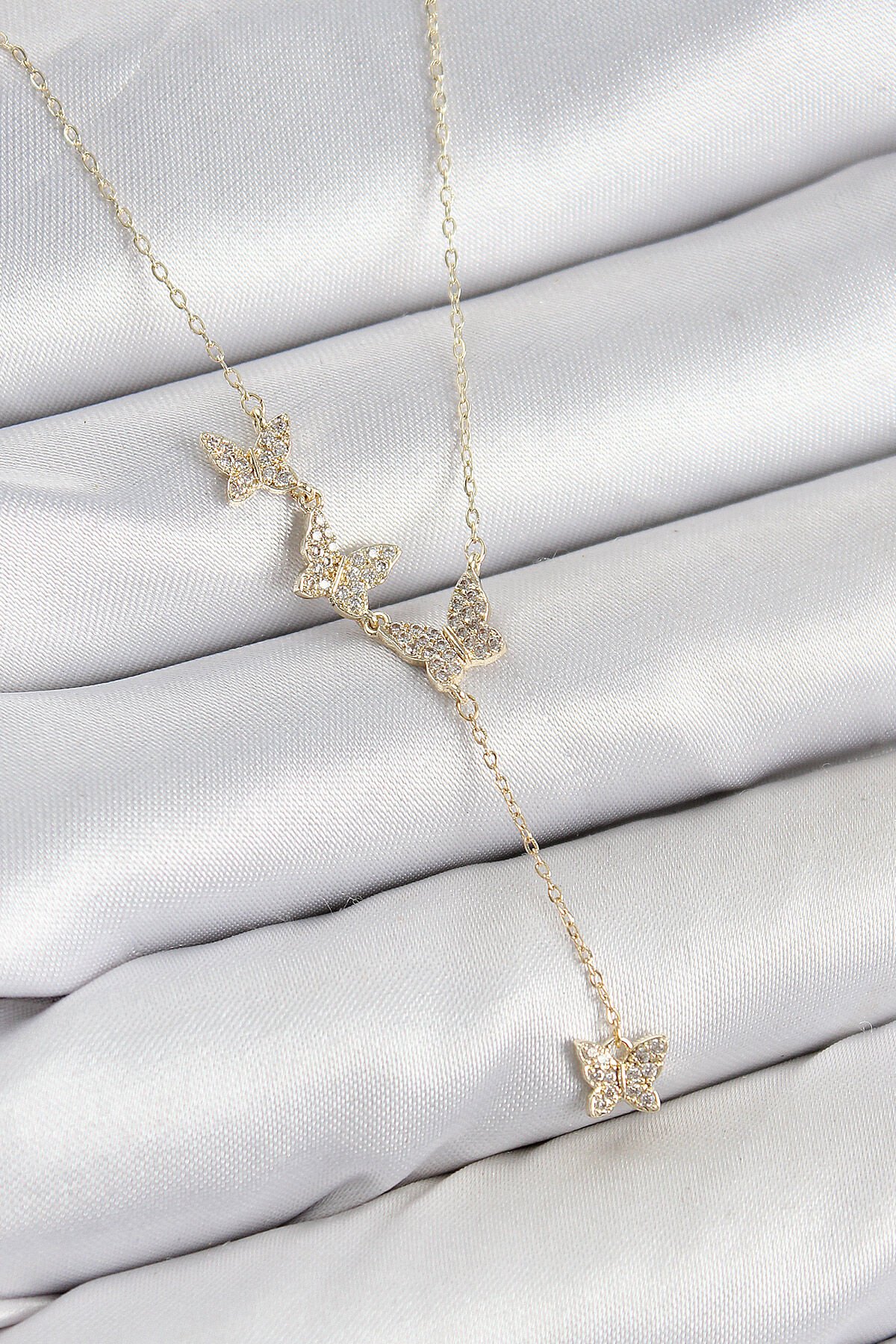 Pirinç Zirkon Taşlı Kelebek Model Gold Renk Kadın Kolye