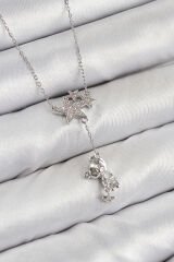 Pirinç Zirkon Taşlı Sallantılı Ayıcıklı Yıldız Model Gümüş Renk Kadın Kolye