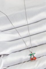 Pirinç Zirkon Taşlı Kiraz Model Gümüş Renk Kadın Kolye