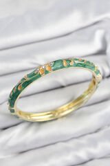 Mineli Pirinç Zirkon Taşlı Yeşil Çiçek Motifli Gold Kadın Kelepçe