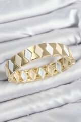 Pirinç Baklava Desenli Krem Beyaz Gold Renk Lastikli Kadın Bileklik