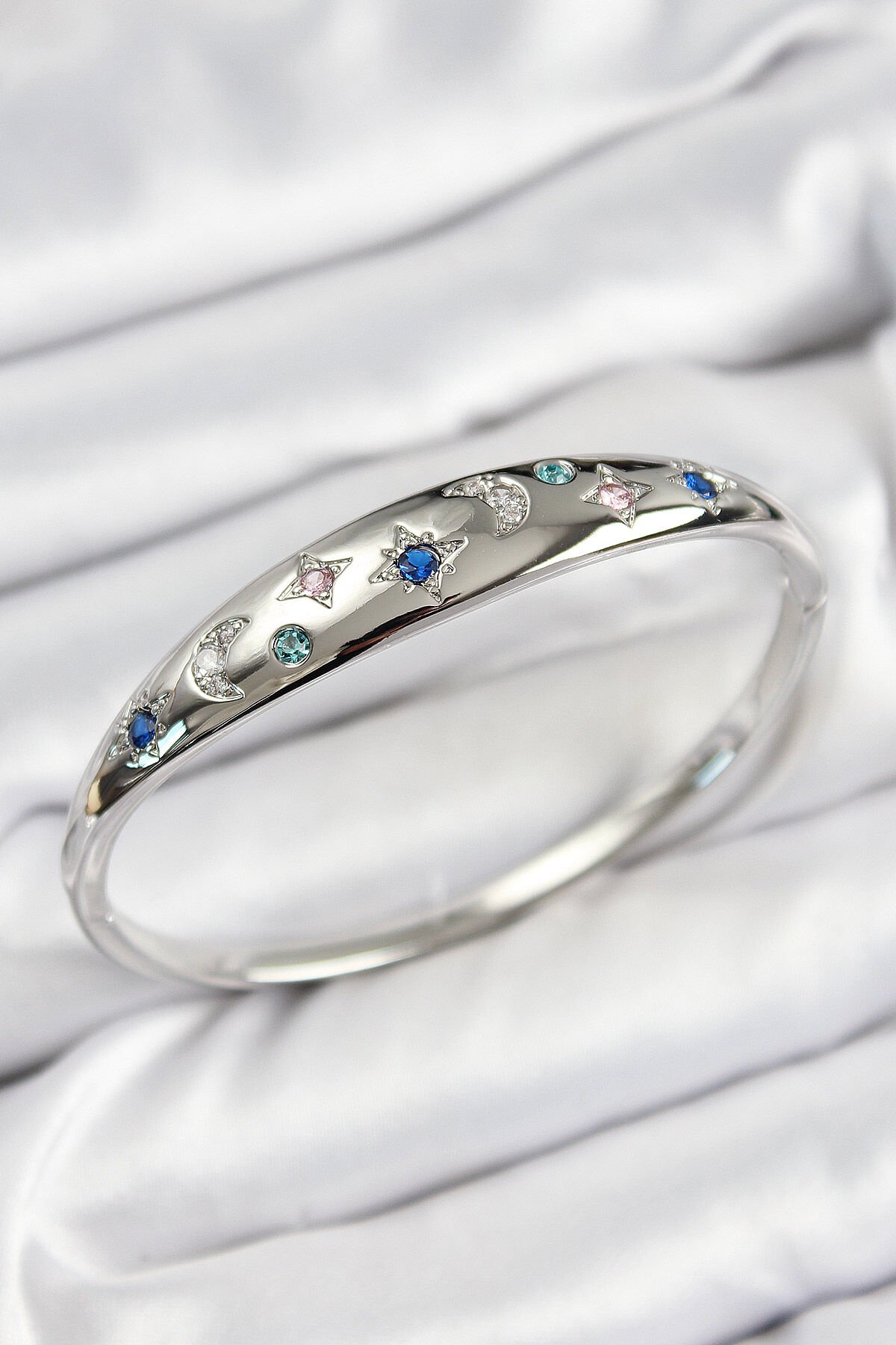 Pirinç Zirkon Taşlı Kutup Yıldızı Ve Hilal Model Gümüş Renk Kadın Kelepçe