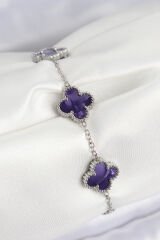 316L Çelik Sedefli Mor Gümüş Renk Yonca Kadın Bileklik