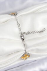 316L Çelik Sedefli Kehribar Sarı Gümüş Renk Yonca Kadın Bileklik