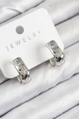 Pirinç Zirkon Taşlı Ay Desenli Model Gümüş Renk Kadın Küpe