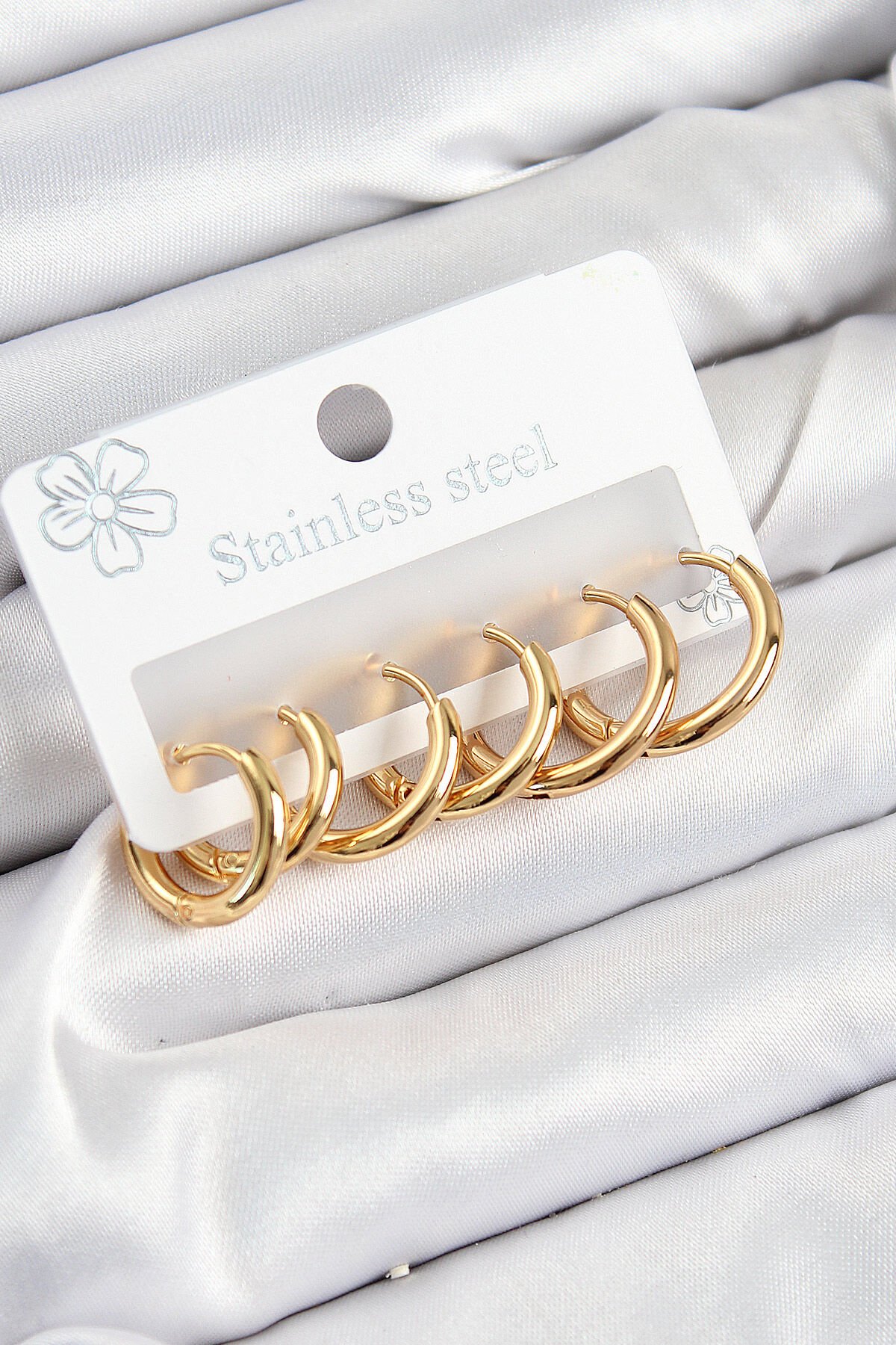 316L Çelik Halka Model Gold Renk 3'lü Set Kadın Küpe