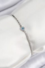 Pirinç Zirkon Taşlı Nazar Model Ezme Zincir Gümüş Renk Kadın Bileklik