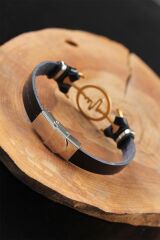 Gold Renk Metal Nabız Tasarım Siyah Renk Deri Erkek Bileklik