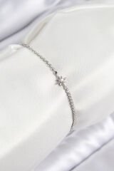 Pirinç Zirkon Taşlı Kutup Yıldızı Model Ezme Zincir Gümüş Renk Kadın Bileklik