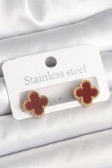 Pirinç Gold Renk Bordo Yonca Model Kadın Küpe