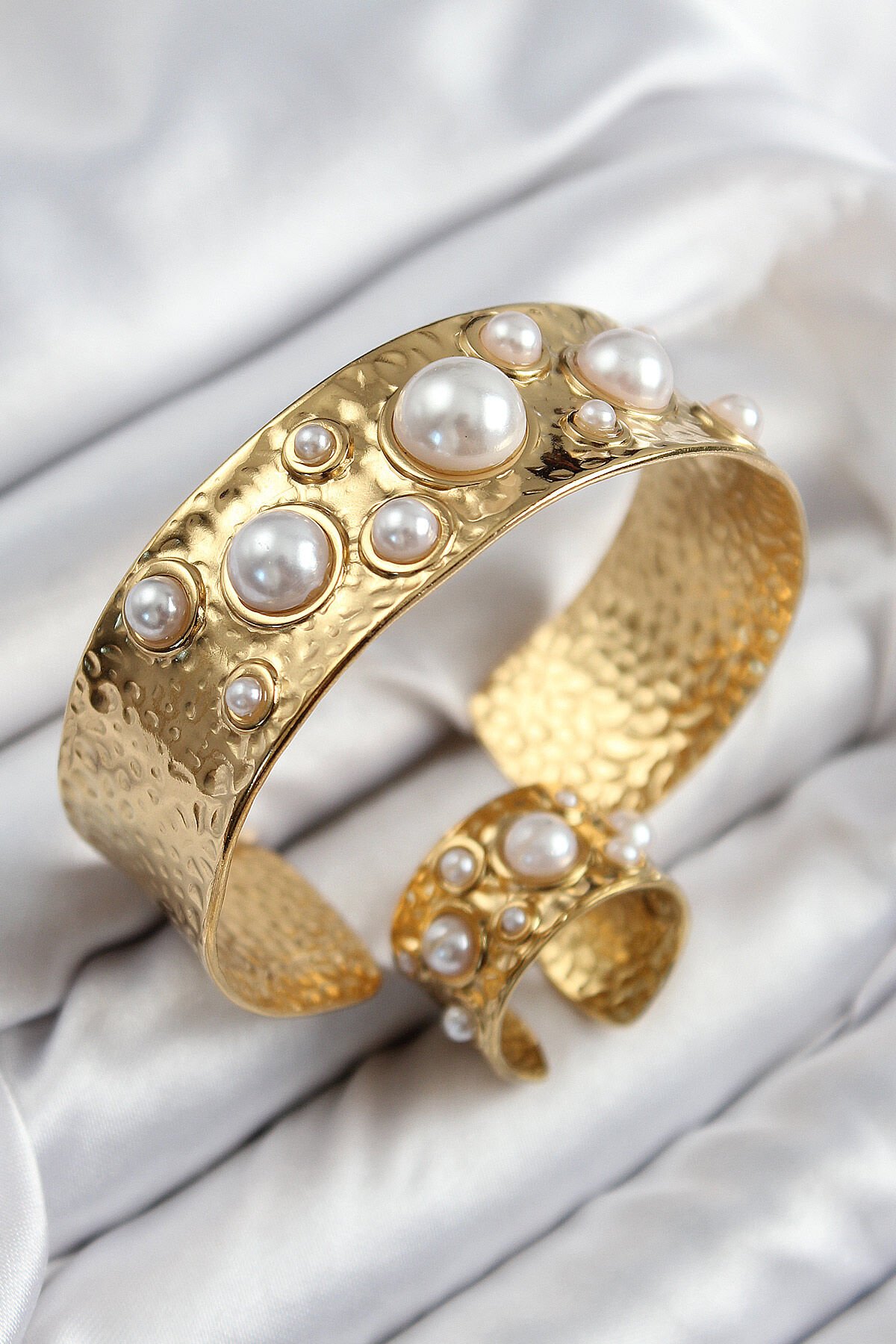 Pirinç İncili Model Gold Renk Bileklik Yüzük Set