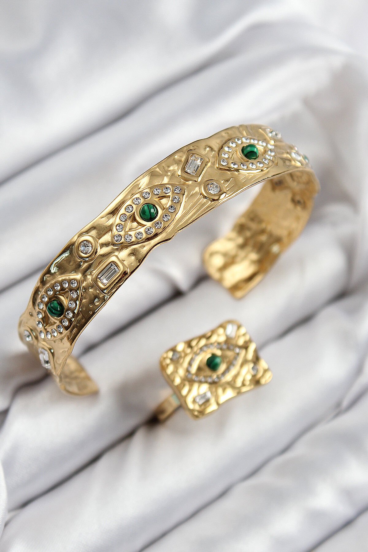 Pirinç Zirkon Taşlı Göz Model Gold Renk Bileklik Yüzük Set