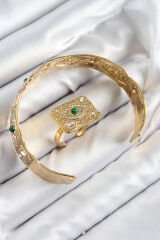 Pirinç Zirkon Taşlı Göz Model Gold Renk Bileklik Yüzük Set