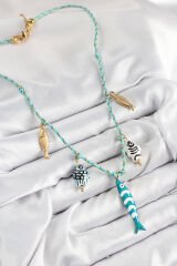 Seramik Motifli Balık Figürlü Model Mavi İp Kadın Kolye