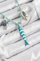 Seramik Motifli Balık Figürlü Model Mavi İp Kadın Kolye