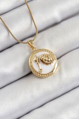 316L Çelik Zincir Beyaz Mineli Sanatsal Portre İstiridye Model Gold Renk Kadın Kolye