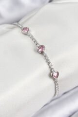 Pirinç Zirkon Taşlı Pembe Kalp Model Gümüş Renk Kadın Bileklik