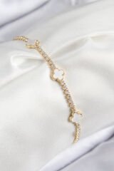 Pirinç Zirkon Taşlı Yonca Model Gold Renk Kadın Bileklik