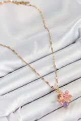 316L Çelik Zirkon Taşlı Arı Detaylı Pembe Çiçek Model Gold Renk Kadın Kolye