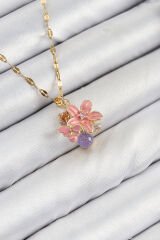 316L Çelik Zirkon Taşlı Arı Detaylı Pembe Çiçek Model Gold Renk Kadın Kolye
