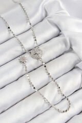 Pirinç Zirkon Taşlı Ezme Zincirli Madalyon Model Gümüş Renk Y Kolye