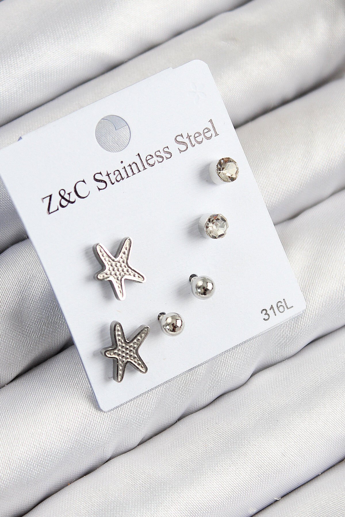 316L Çelik Zirkon Taşlı Deniz Yıldızı Model Gümüş Renk Kadın Set Küpe
