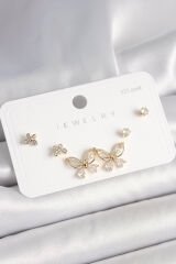 925 Ayar Çivi Gümüş Pirinç Gold Renk Zirkon Taşlı Kelebek Model Kadın Küpe Seti