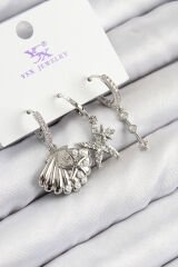 Pirinç Zirkon Taşlı 3'lü Yıldız Ve İstiridye Model Gümüş Renk Kadın Küpe