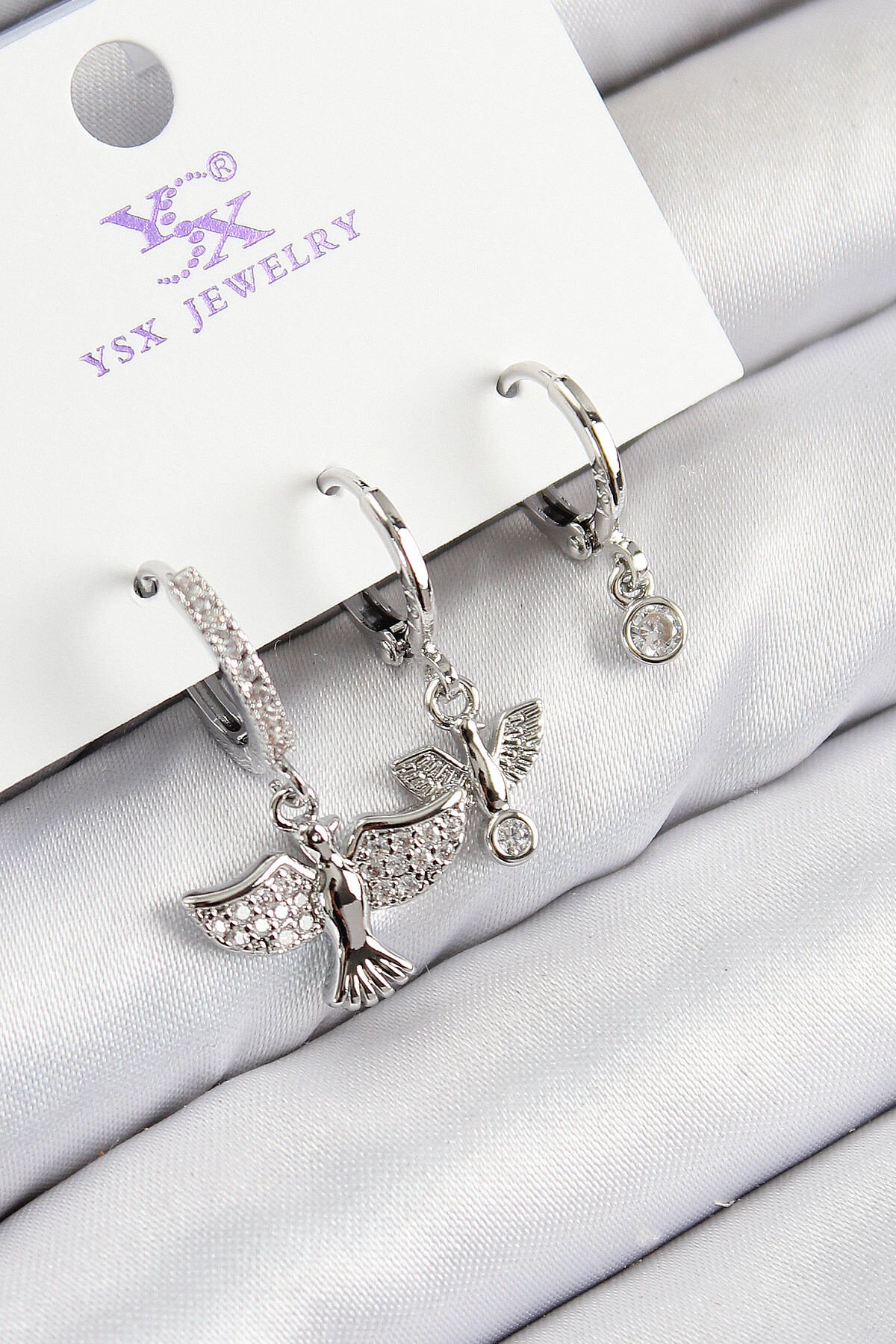 Pirinç Zirkon Taşlı 3'lü Kuş Model Gümüş Renk Kadın Küpe