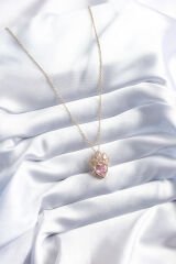 316L Çelik Gold Renk Pembe Zirkon Taşlı Kalp Model Kadın Kolye