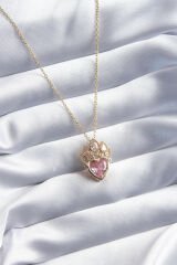 316L Çelik Gold Renk Pembe Zirkon Taşlı Kalp Model Kadın Kolye