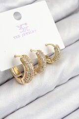 Pirinç Zirkon Taşlı 3'lü Halka Model Gold Renk Kadın Küpe