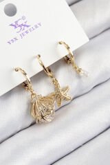 Pirinç Zirkon Taşlı 3'lü İstiridye Ve Yıldız Model Gold Renk Kadın Küpe