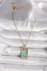 316L Gold Renk Pembe Zirkon Taşlı Taç Kalp Portre Model Kadın Kolye