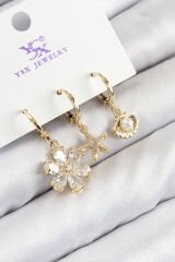 Pirinç Zirkon Taşlı 3'lü İstiridye Ve Çiçek Model Gold Renk Kadın Küpe