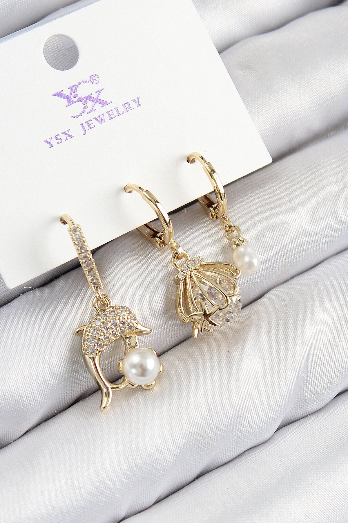 Pirinç Zirkon Taşlı 3'lü Yunus Balığı Ve İstiridye Model Gold Renk Kadın Küpe