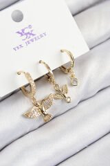 Pirinç Zirkon Taşlı 3'lü Kuş Model Gold Renk Kadın Küpe