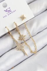 Pirinç Zirkon Taşlı 3'lü Kutup Yıldızı Model Gold Renk Kadın Küpe
