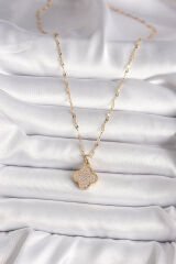 316L Çelik Gold Renk Zirkon Taşlı Yonca Model Kadın Kolye