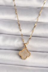 316L Çelik Gold Renk Zirkon Taşlı Yonca Model Kadın Kolye