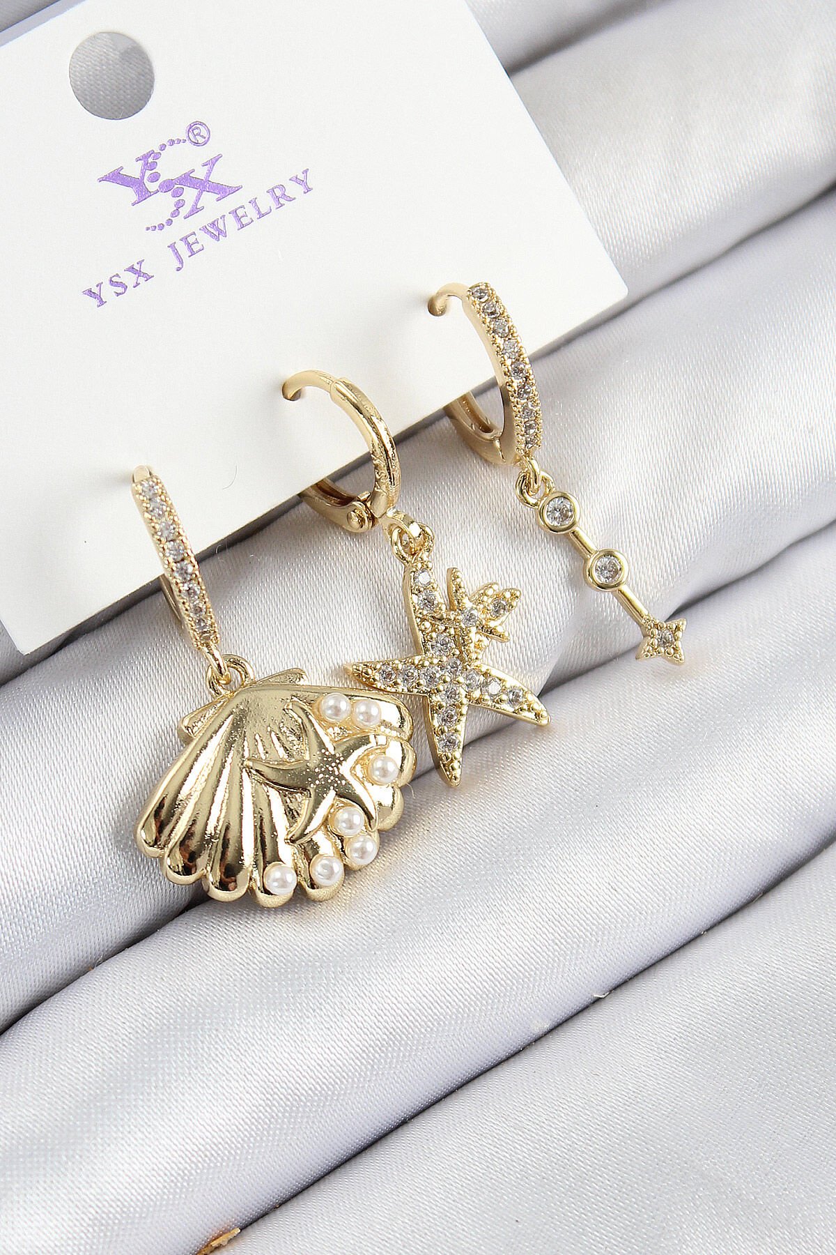 Pirinç Zirkon Taşlı 3'lü İstiridye Ve Yıldız Model Gold Renk Kadın Küpe