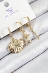 Pirinç Zirkon Taşlı 3'lü İstiridye Ve Yıldız Model Gold Renk Kadın Küpe